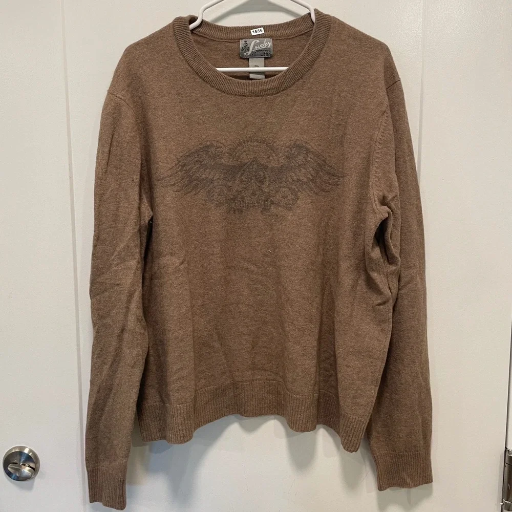 Lucky Brand Mens XXL Brown Graphic Two Headed Eagle Crewneck Knit Sweater